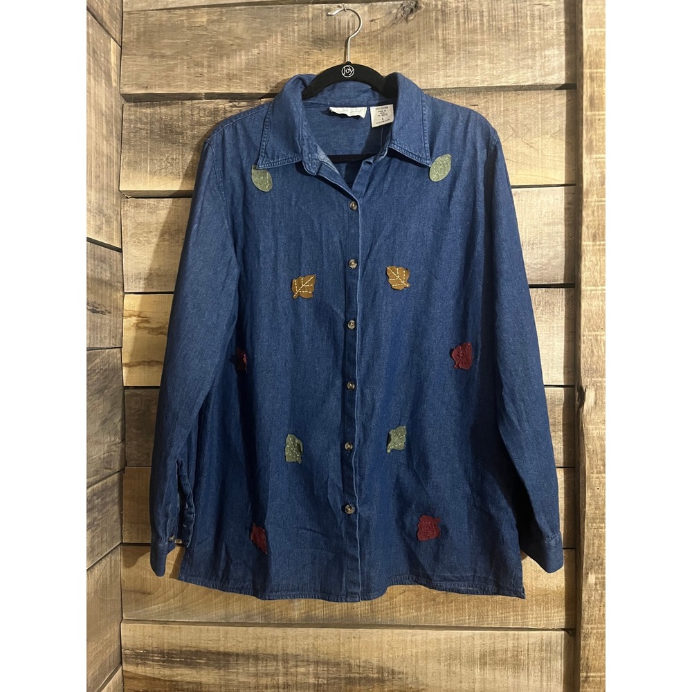 Lemon Grass Womens Denim Button Down Shirt Blue Fall Leaf‎ Applique Cotton Large